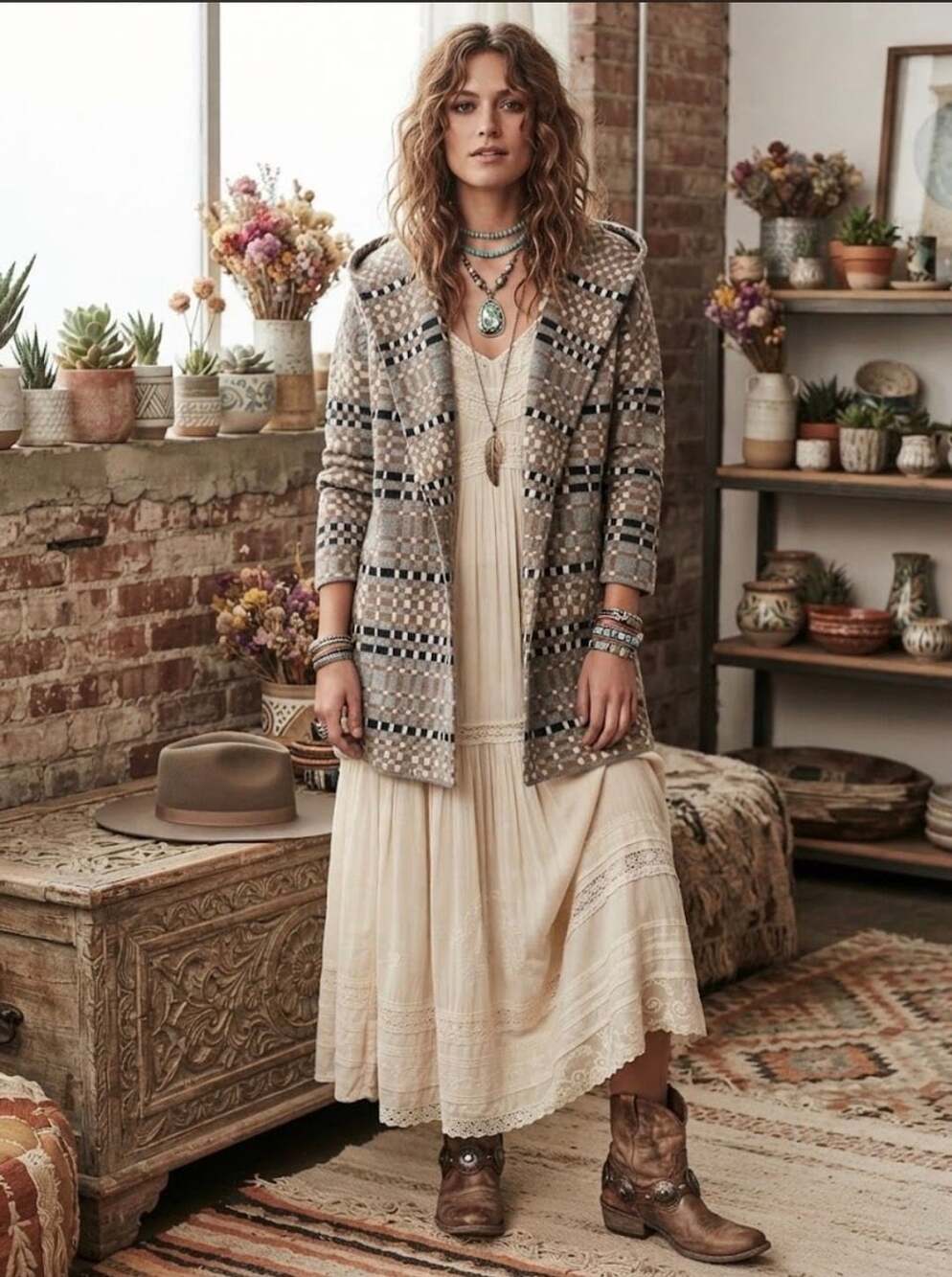 Field Flower Hooded Cardigan Plaid Boho Aztec Knit Coat